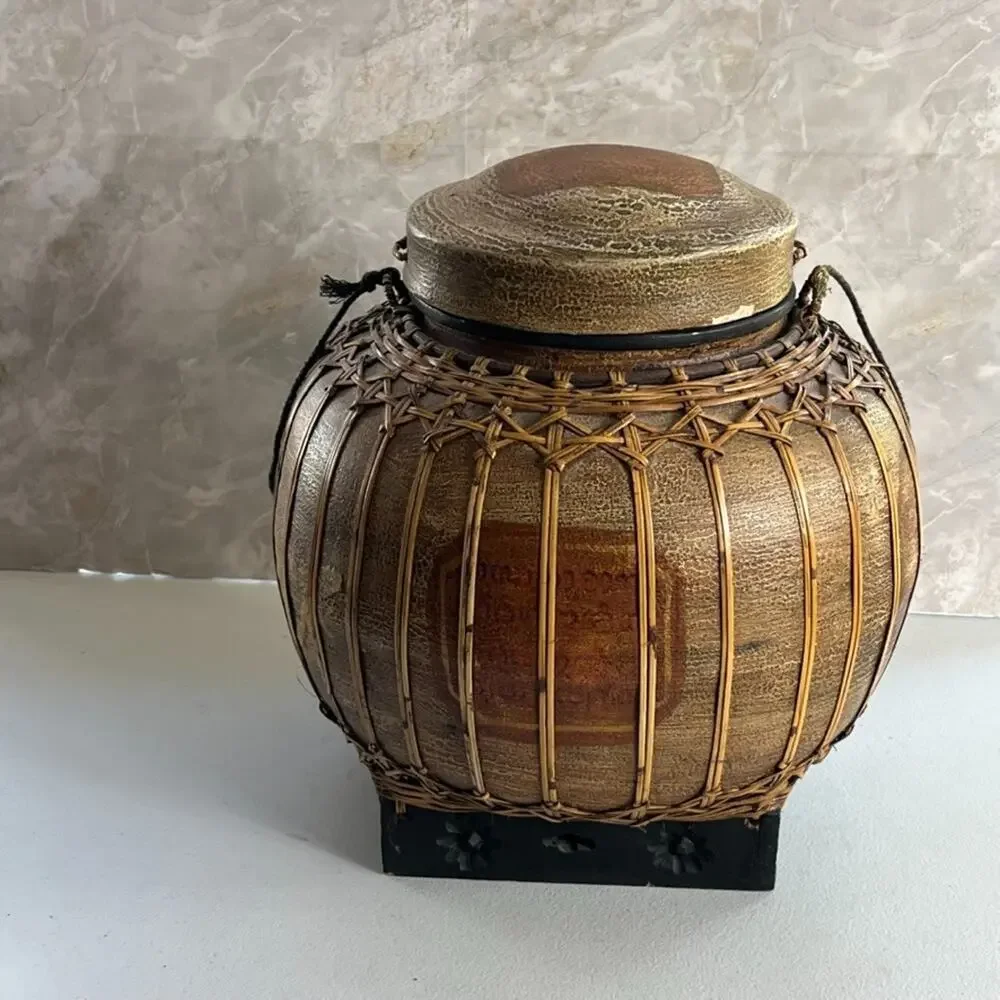 Round Oriental Asian Rice Jar Bamboo Hand Painted